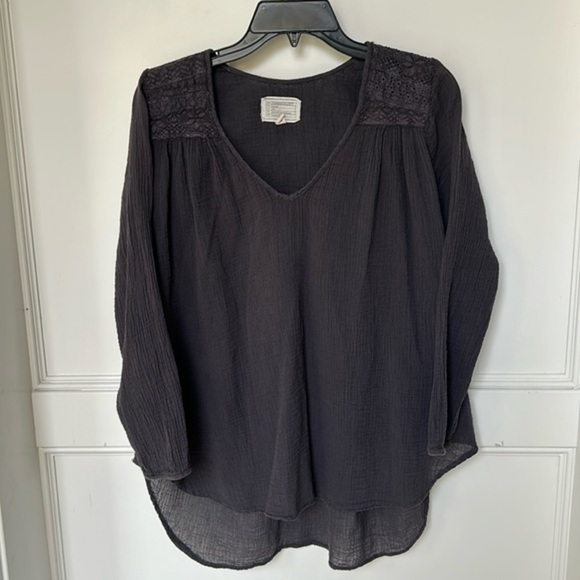 Current Elliott Picnic Shirt Blouse Charcoal Grey Embroidered Long Sleeve size 1 - Picture 1 of 14